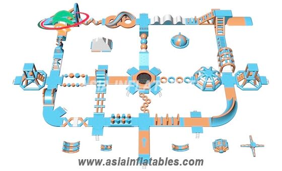 लाइट ब्लू और ऑरेंज 50 x 40 M केबल पार्क के लिए Inflatable फ्लोटिंग एक्वा पार्क वाटर पार्क